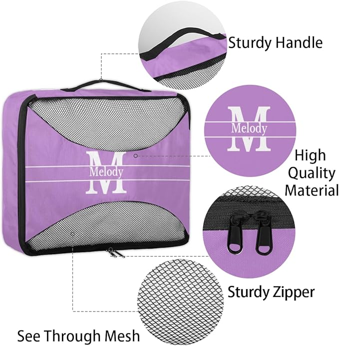 Custom Packing Cubes with Name - 4 Piece Packing Cubes Compression Luggage Suitcase Organizer Set, Lavender Purple with Initial Letter
