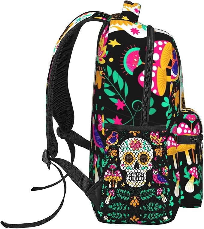 Shoulder Book Bags Polyester Multipurpose Anti-Theft Colorful Floral Sugar Skull Bird Art Carry On Bag Large Capacity Travel Hiking Camping Rucksack