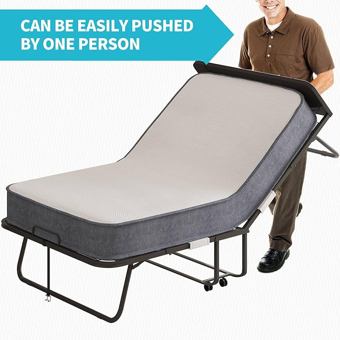 CECER Folding Bed with Mattress, 75" x 38" Rollaway Bed for Adults, 5 inch Thick Memory Foam Mattress，Twin Size Portable Foldable Bed with Headboard & Sturdy Metal Frame，Fold Up, Roll Away