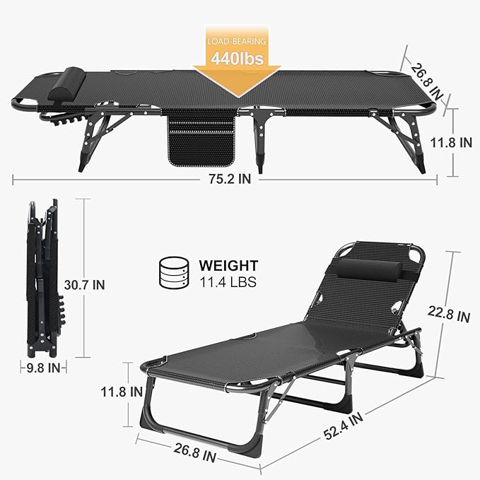 ABORON 5 Positions Camping Cots for Adults,Outdoor Folding Sleeping Cot/Mat,Folding Chaise Lounge Chair with Pillow,Portable Reclining Chair for Beach Lawn Camping Pool,Sunbathing Chairs