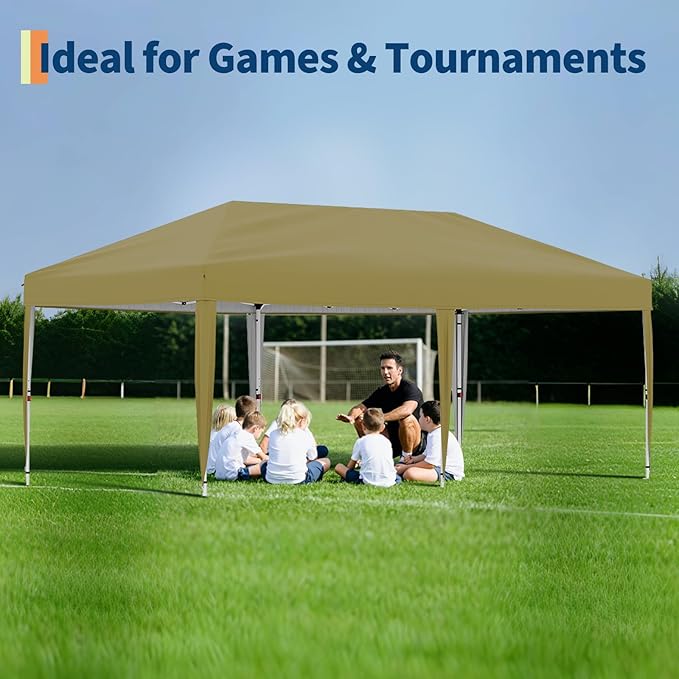 10x20 Pop Up Canopy Tent Outdoor Canopy with No Removable Sidewall One-Person Set Up Heavy Duty Commercial Instant Tent Shelter-Khaki