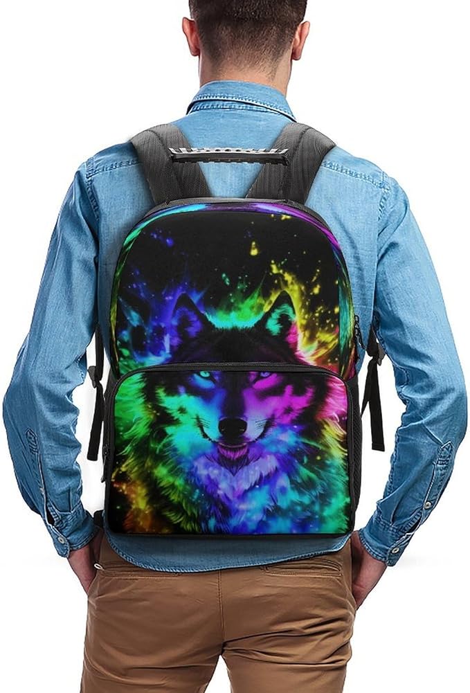 Polyester Daypack for Camping Travel Walking Cycling, Big Capacity Anti-Theft Multipurpose Bookbag, Wolf Colorful Fire Splashes Art Camping Outdoor Backpack