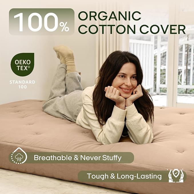ZonLi Japanese Floor Futon Mattress Full Size 54"x 75",100% Cotton Cover 6'' Thicken Tatami Mattress,Foldable Sleeping Pad,Portable Dormitory Tatami Mat,Roll Up Floor Lounger Bed for Adult (Khaki)