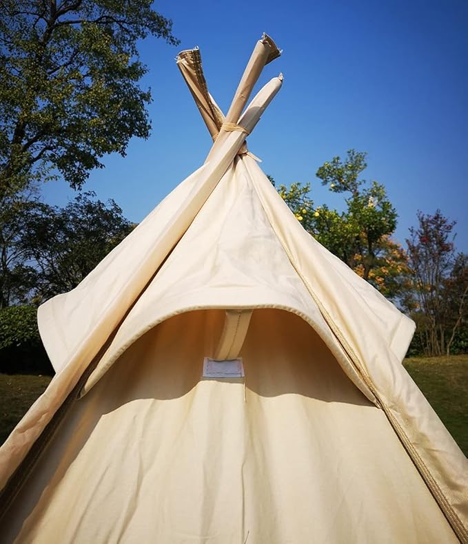 7’x7’x6.5’Outdoor Cotton Canvas 2-3 Person 3 Seasons Bell Teepee Tent with Double Door Spire Tent Pyramid Tents for Family Camping