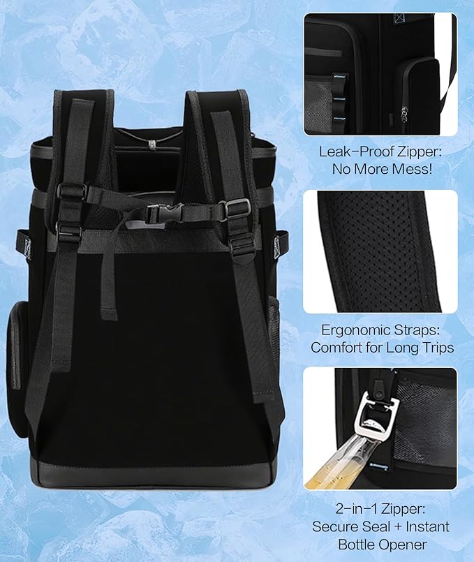 Insulated Cooler Backpack 30L - Leakproof & Lightweight, Keeps Ice 24+ Hours for Camping, Beach, Hiking, Picnics - Includes Bottle Opener & Side Pockets (Black)