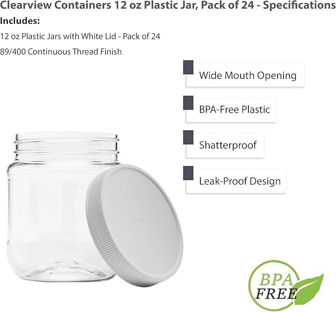 Plastic Storage Jars with Leak Proof Lids, BPA Free, Hand Wash Only (12oz Jar, 24PK)