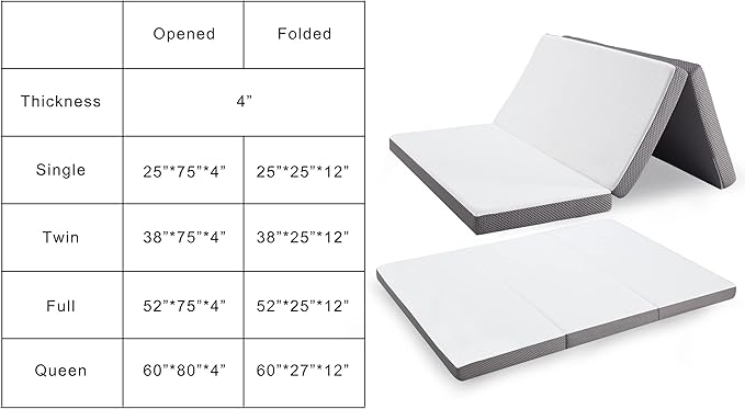 Kingfun Foldable Mattress 4 Inch Folding Mattress Tri-fold Gel Memory Foam Breathable with Storage Bag, Portable Floor Guest Bed Soft for Sleeping Camping, Gray, Single Size
