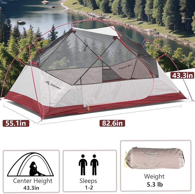 BISINNA Backpacking 2 Person Tent Lightweight 3 Season Camping Tent 20D 380T Nylon Rainfly Double Layer Free Standing Includes Footprnint 7001 Aluminium Poles for Camping Hiking Biking