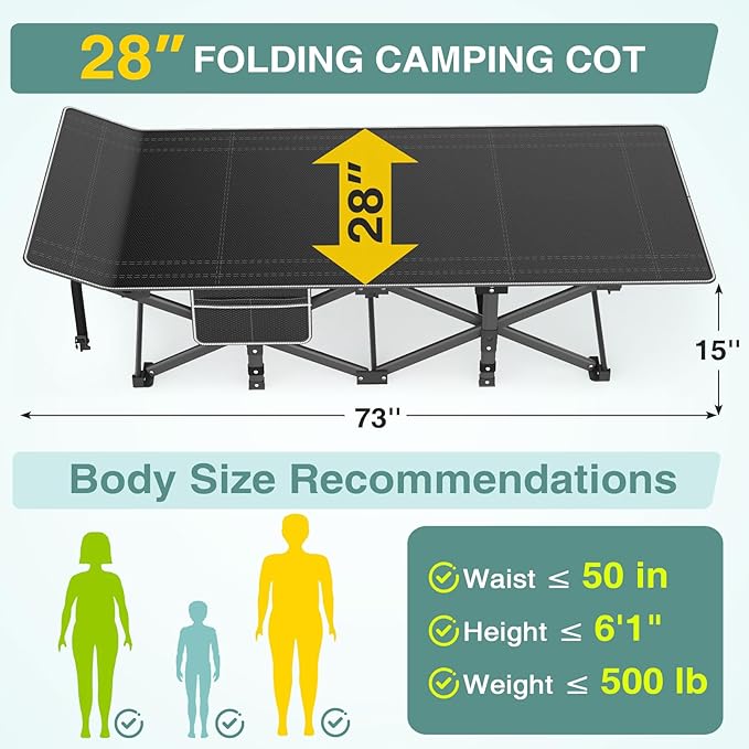 ZENPETIO Camping Cot for Adults, Heavy-Duty Portable Cot Bed with Mattress, Foldable Padded Sleeping Cots for Camping Travel Tent Day Bed Outdoor & Home Guest, Max Load 500 LBS, 75x28x15”