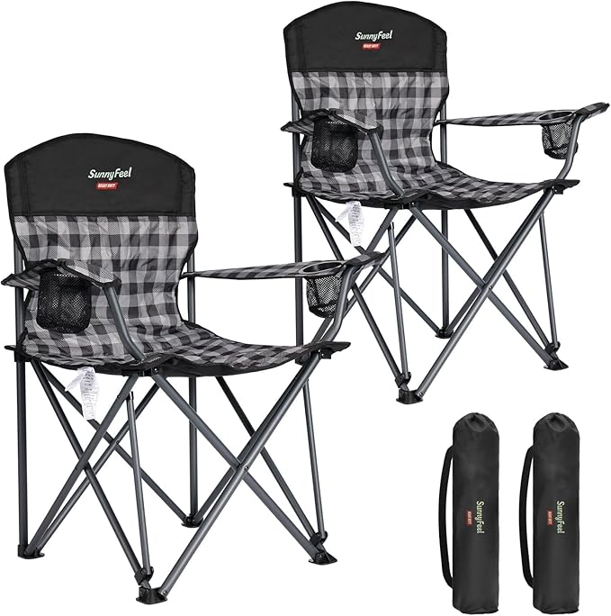 SUNNYFEEL Oversized Folding Camping Chair 2 Pack 800 LBS Heavy Duty for Big Tall People Red Padded Portable Collapsible Chairs with Armrest Cup Holder & Pocket for Outdoor Travel Picnic Camp Sports