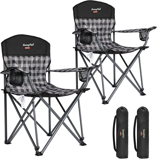 SUNNYFEEL Oversized Folding Camping Chair 2 Pack 800 LBS Heavy Duty for Big Tall People Red Padded Portable Collapsible Chairs with Armrest Cup Holder & Pocket for Outdoor Travel Picnic Camp Sports