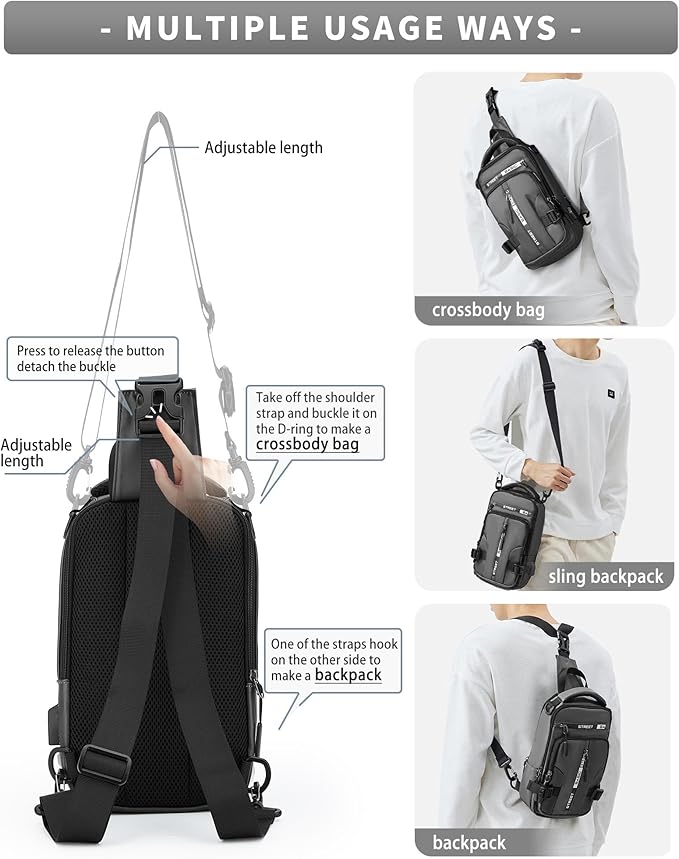 Grey Sling Crossbody Backpack Shoulder Messenger Bag for Men, Mini Anti Theft One Strap Motorcycle Backpack Sling Tactical Chest Bag for Hiking Walking Biking Travel Cycling