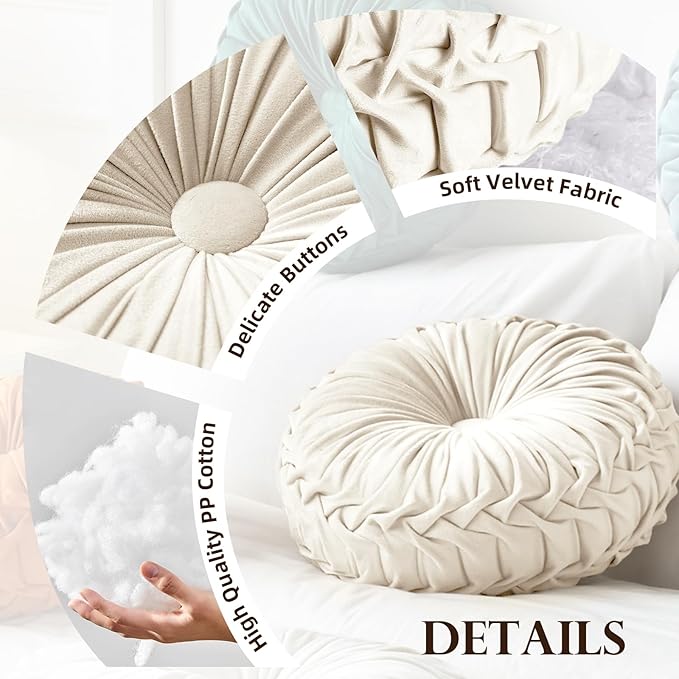 2 Pcs Round Throw Pillows Decorative Pumpkin Velvet Boho Pleated Bed Pillows Back Support for Couch Chair Dorm Car 14.96'' (Apricot)