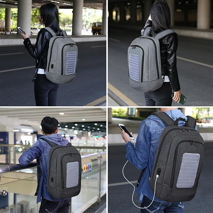 Outdoor Laptop Backpack with Solar Panel Built in, Backpacking Solar Panel Power Bank Waterproof Business Travel Bag with USB (B Black,Large)