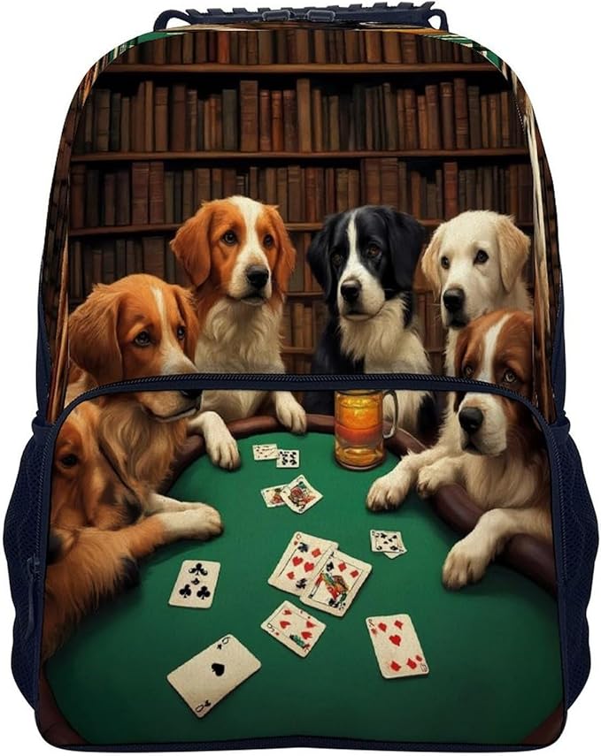 Daypack Polyester Anti-Theft Multipurpose Dogs Playing Poker Cards Library Funny Dog Bookbag Big Capacity Gym Outdoor Hiking Backpack With Adjustable Shoulder Straps