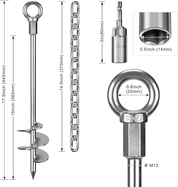 17.5'' Fully Welded Ground Anchors with Chain, 3'' Wider Spiral Trampoline Anchors, 2pcs Mobile Home Anchors, Heavy Duty Earth Anchors for Sheds, Swing Sets, Canopies, Carports