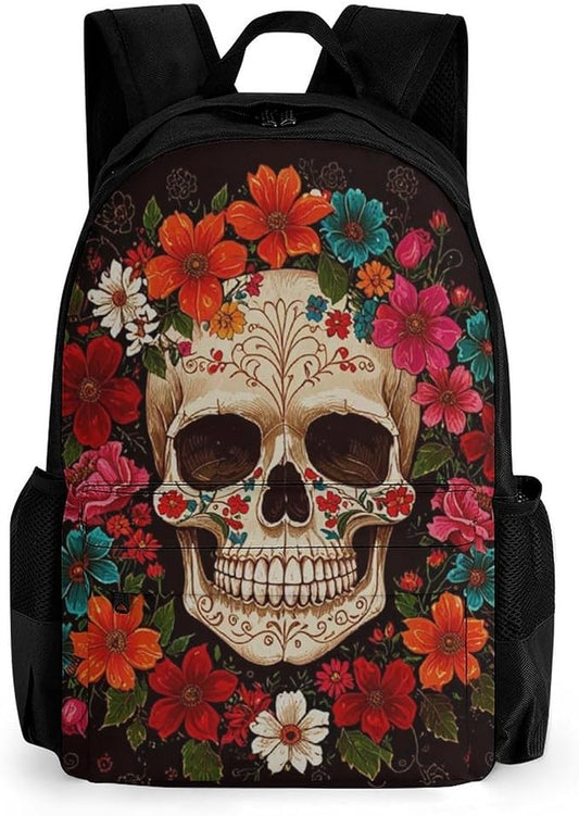 Men Women Lightweight Red Colorful Flowers Sugar Skull Backpack Large Capacity Carry On Bag With Padded Straps for Sports Work Walking Cycling