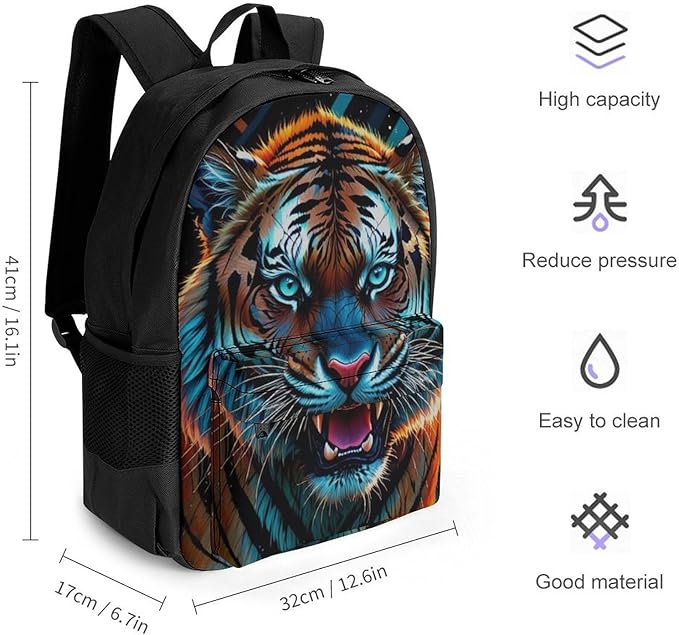 Men Women Polyester Angry Tiger Rainbow Animal Magic Art Casual Daypack Large Capacity Carry On Bag With Adjustable Shoulder Straps for Camping Work Running
