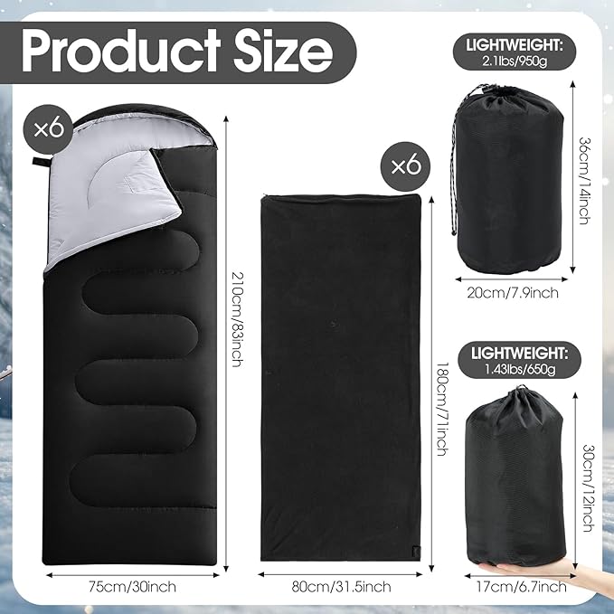 6 Pack Camping Sleeping Bags Bulk with Fleece Liner for Adults, All Season Lightweight Waterproof Sleep Bag with Compression Sack for Hiking Travel Backpacking Cold Weather Winter