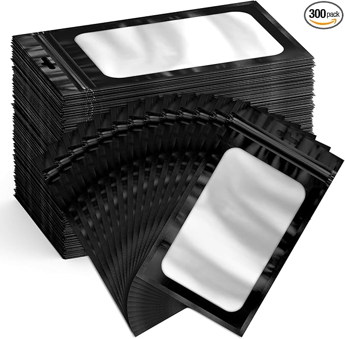 Funfery 300 Pack Smell Proof Resealable Bags for Food Storage,Mylar Clear Bags 4.7x7.9 Black Packaging Bag- Edibles,Odorless Scent Proof Bag for Cookies, Zip Foil Pouch for Small Business