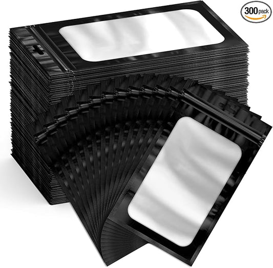 Funfery 300 Pack Smell Proof Resealable Bags for Food Storage,Mylar Clear Bags 4.7x7.9 Black Packaging Bag- Edibles,Odorless Scent Proof Bag for Cookies, Zip Foil Pouch for Small Business