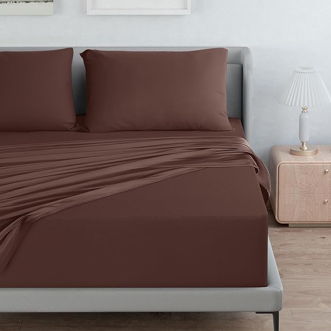 Deep Pocket Full Sheet Set - Full Size Sheet Sets for Air Mattress - Breathable & Extra Soft Easy Fit 16in to 24in Mattress - 4 Piece Set - Brown Bed Sheets Set