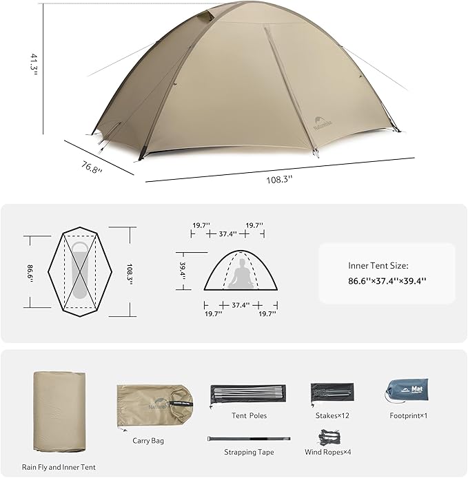 Naturehike Giling 1/2 Person Backpacking Tent 4 Season Lightweight Tent for Hiking & Bikepacking Easy Setup 3000mm Waterproof Ultralight CampingTents for Outdoor Cycling