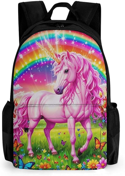 Supdreamc Men Women Polyester Rainbow Unicorns And Butterflies Backpack Large Capacity Bookbag With Smooth Zippers for Climbing Picnic Bicycle
