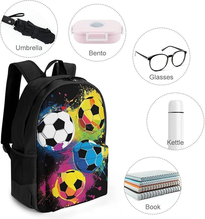 Supdreamc Men Women Polyester Colorful Paint Splash Ink Soccer Ball Football Black Daypack Big Capacity Shoulder Bag With Smooth Zippers for Hiking Work Walking Cycling