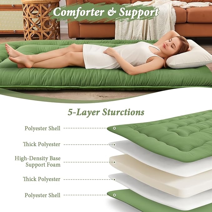 DAICO Japanese Floor Mattress, 4'' Thicken Futon Mattress Tatami Mat, Sleeping Pad Foldable Roll Up Mat for Camping and Guest Room, Queen Size 60''*80'', Green