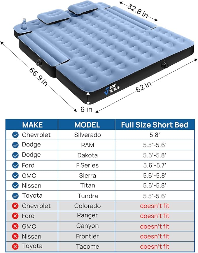 JOYTUTUS Truck Mattress for Camping, Air Bed with Inflatable Pillow for 5.5-5.8Ft, Full-Size Thicken Sleeping Pad with Cup Holder, Blow Up Bed for Car Truck Pickup F150, Grey Blue