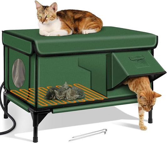 Outdoor Heated Cat House in Winter,Extremely Insulated & Weatherproof,Elevated Feral Cat Shelter with Waterproof Eaves & Escape Door for Outside Stray Barn Cat (Army Green,M)