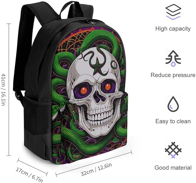 Men Women Polyester Medusa Skull Green Snake Art Daypack Big Capacity Shoulder Bag With Smooth Zippers for Hiking Work Walking Cycling