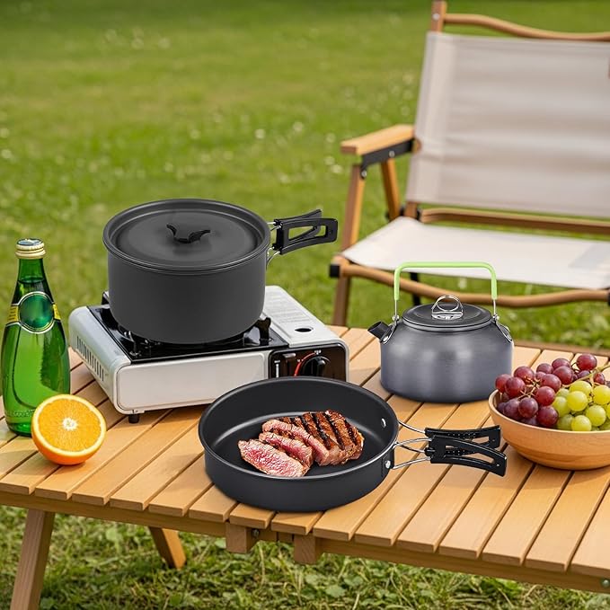 ROVSUN 10pcs Camping Cookware Mess Kit, Lightweight Non-Stick Pot Pan Kettle Set w/Stainless Steel Cup Fork Knives Spoons for Open Fire, Camping, Picnic, Backpacking, Outdoor Cooking