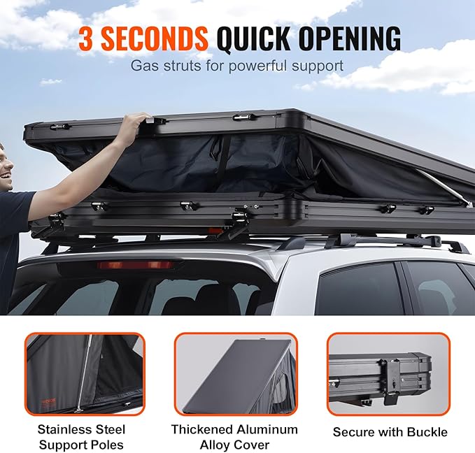 VEVOR Rooftop Tent Hard Shell, 2-3 Person Aluminum Roof Top Tent Hardshell with Tri-Color LED Light, Thick Mattress & 1 Window, Waterproof Windproof Overland Camping Car Roof Rack for Jeep SUV Pickup