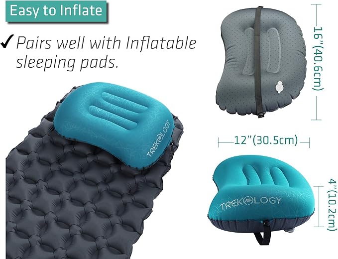 TREKOLOGY ALUFT2.0 (Light Blue) & UL Sleeping Pad-Compressible, Compact, Comfortable, Ergonomic Inflating Pillow, Inflatable Camping Mat for Travel. Compact Lightweight Sleeping System