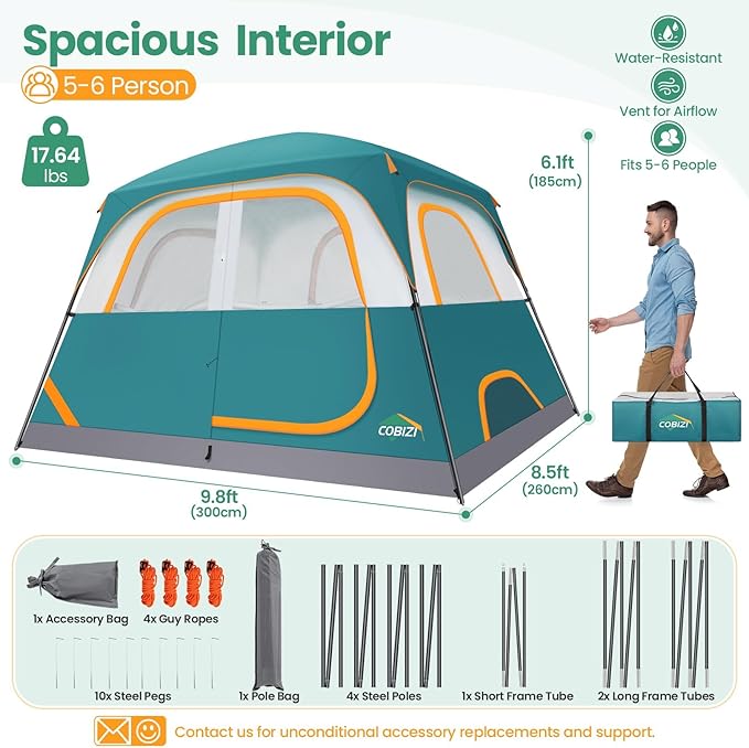 COBIZI 4-6-8-10 Person Camping Tent, Spacious Family Tents for Camping Ideal, Hiking, 3500mm Waterproof Double-Layer Windproof Tent for Hiking & Backpacking