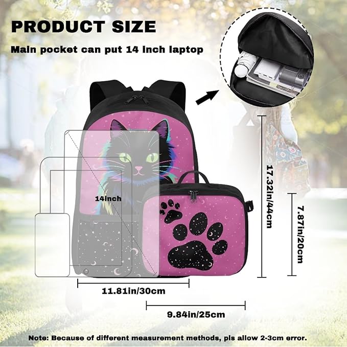 HUGS IDEA Neon Cat School Backpack for Kids 17 Inch Bookbag and Lunchbox for Kids Large School Bags for Girls Lightweight Book Bag for Students Travel Casual Daypack for Camping