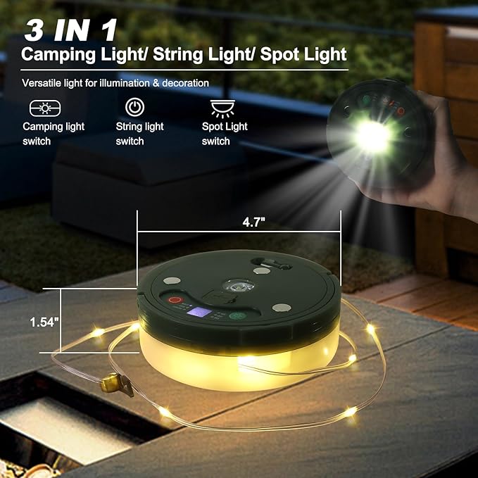 SMY Lighting 3 in 1 Camping String Light Rechargeable(32.8Ft), Warm White Portable Outdoor String Lights, Tent Fairy Lights, Multi-Modes & Brightness,USB RV Awning Lights for Camper, Hiking and Yard