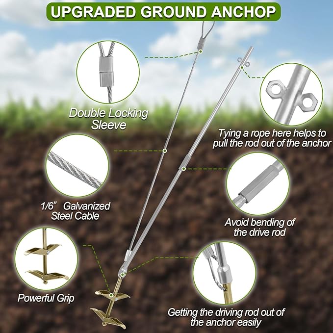 Earth Anchors for Trapping with Drive Rod Tool, 35" x 1/8" Galvanized Cable for Securing Camping Tents, Swing Set, Green House, (12 Pack) Double Layer Ground Earth Anchors for Sheds