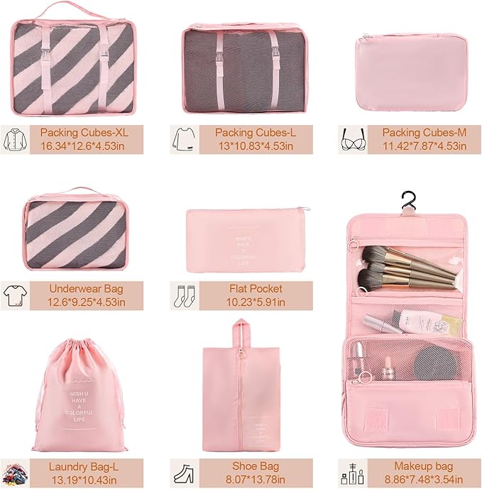 8 Set Compression Packing Cubes for Travel Essentials,Suitcase Organizer Bags, Carry-On Luggage Accessories with Laundry & Toiletry Bag, Road Trip & Camp Gifts for Men and women（pink）