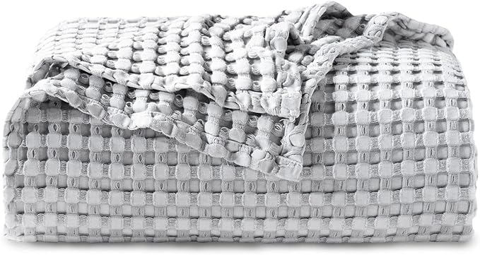 Bedsure Cooling Cotton Waffle Queen Size Blanket - Lightweight Breathable Summer Blanket of Rayon Derived from Bamboo for Hot Sleepers, Luxury Throws for Bed, Couch and Sofa, Grey, 90x90 Inches