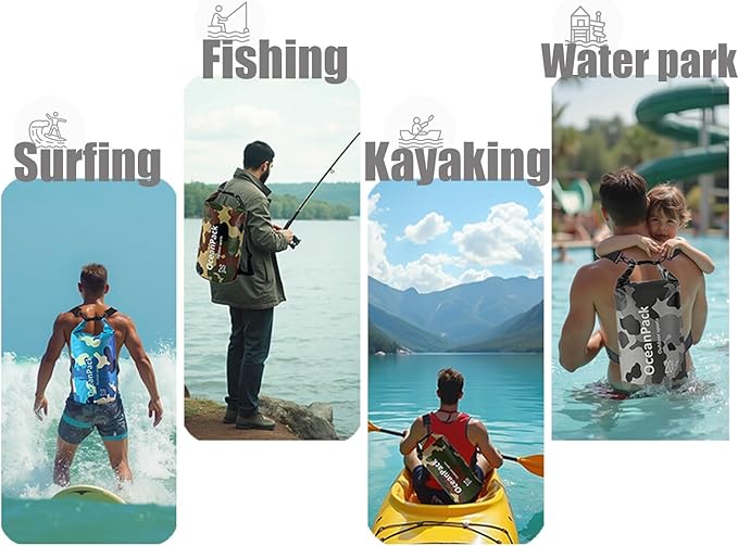 Dry Bag Waterproof 5L/10L/20L, Camo Design, Roll Top Lightweight dry bags for FLoating, Boating, Kayaking, Camping, Beach，Paddle boarding Accessories