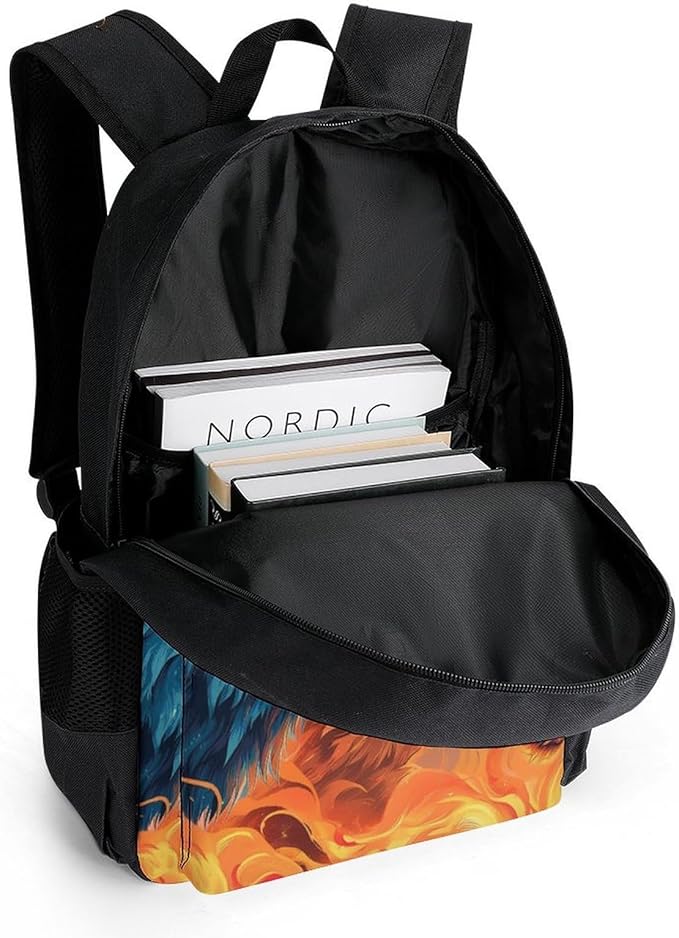 Supdreamc Lightweight Daypack for Camping Business Walking Cycling, Large Capacity Anti-Theft Multipurpose Bookbag, Ice And Fire Flaming Cool Wolf Art Gym Outdoor Hiking Backpack