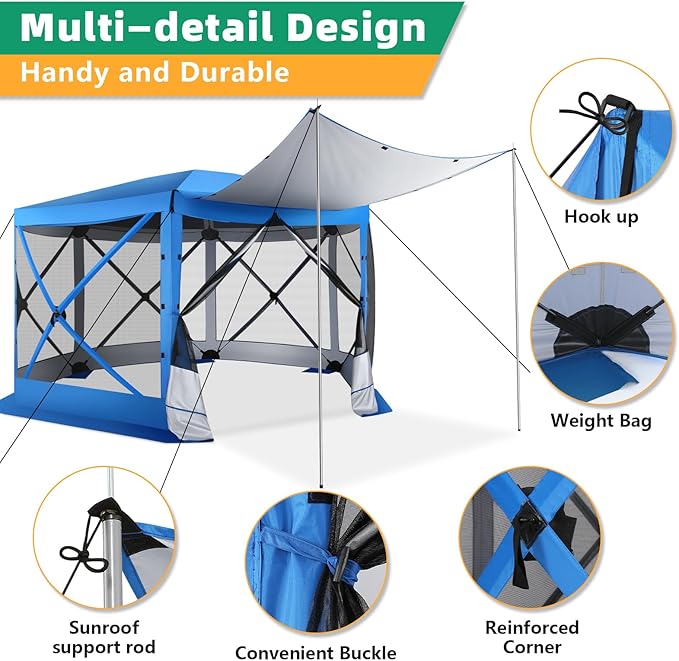 COBIZI 12x12FT Pop Up Gazebo Screen Tent Screen House for Camping, Screen Room with Mosquito Netting, Hub Tent Instant Screened Canopy with Carrying Bag and Ground Stakes, Blue