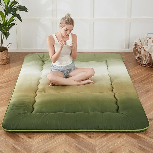 Japanese Floor Mattress, Futon Mattress with Portable Storage Bag and Washable Cover, Roll Up Thick Tatami Mat Suitable for Camping, Guest Room (Forest Gradient, Twin)