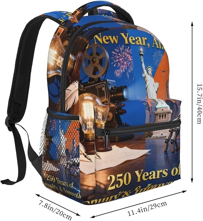 Men Women Lightweight America 250th Anniversary USA Patriotic Freedom Art Daypack Bookbag Big Capacity Carry On Bag With Side Pockets for Camping Travel Bicycle