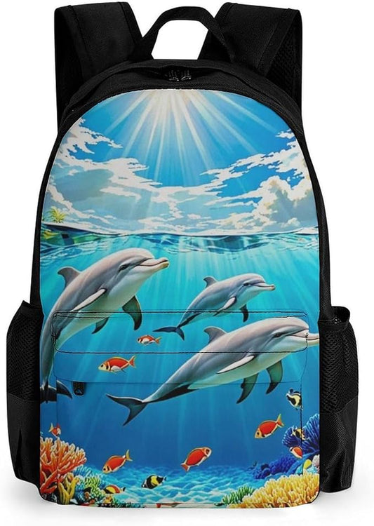 Polyester Daypack for Hiking Work Running, Big Capacity Anti-Theft Multipurpose Shoulder Bag, Dolphin Blue Ocean Underwater World Travel and Sport Backpack Rucksack