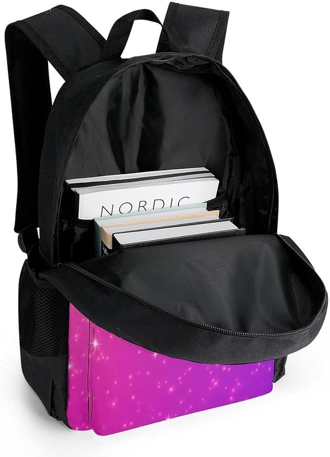 Polyester Daypack Bookbag for Gym Business Bicycle, Large Capacity Multipurpose Anti-Theft Carry On Bag, Purple Pink Glitter Pattern Travel Hiking Daypack