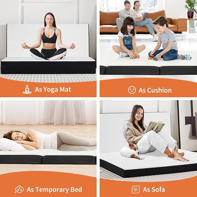 Sweetcrispy Tri-fold Queen Size Mattress - 3 Inch Portable Bed Pad, Foldable Mat, Collapsible and Washable Cover with CertiPUR-US Certified, for Travel & Camping & Yoga, Memory Foam